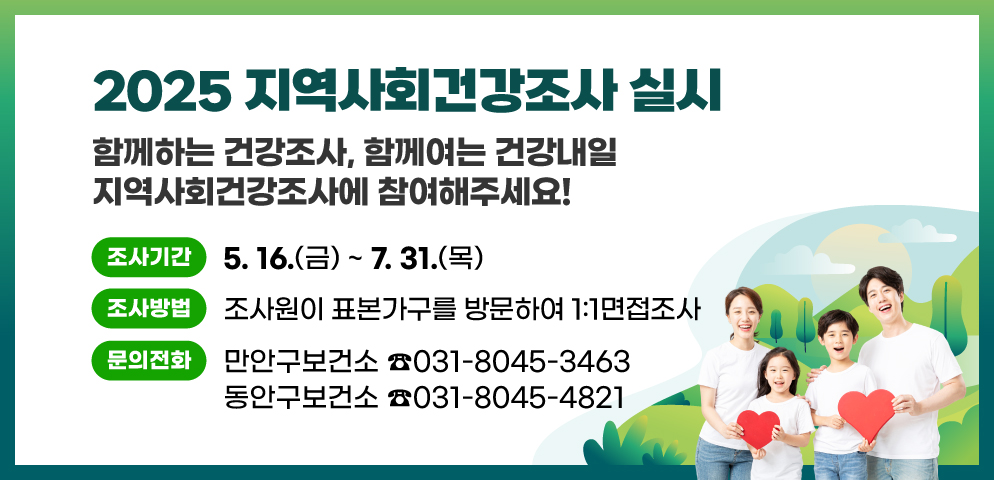 2025 지역사회건강조사 실시
함께하는 건강조사, 함께여는 건강내일
지역사회건강조사에 참여해주세요!
○기간: 2025년 5월16일(금)~7월31일(목)
○조사방법: 조사원이 표본가구를 방문하여 1:1면접조사
○문의: 만안구보건소 ☎031-8045-3463, 동안구보건소 ☎031-8045-4821
