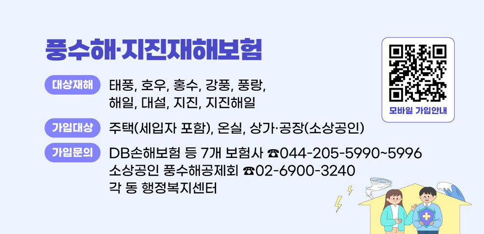 풍수해·지진재해보험
○ 대상재해 : 태풍, 호우, 홍수, 강풍, 풍랑, 해일, 대설, 지진, 지진해일
○ 가입대상 : 주택(세입자 포함), 온실, 상가·공장(소상공인)
○ 가입문의 : DB손해보험 등 7개 보험사(044-205-5990~5996), 각 동 행정복지센터, 소상공인 풍수해공제회(02-6900-3240)