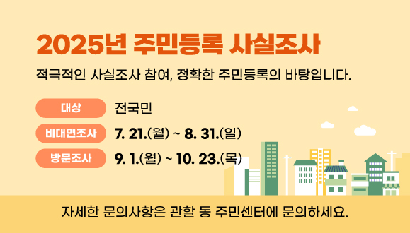 2025년 주민등록 사실조사 
적극적인 사실조사 참여, 정확한 주민등록의 바탕입니다.
○비대면 조사 2024. 7. 21. ~ 8. 31.
○방문 조사 2024. 7. 21. ~ 10. 23.
자세한 문의사항은 관할 동 주민센터에 문의하세요.