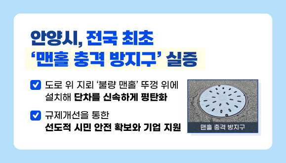 안양시, 전국 최초 ‘맨홀 충격 방지구’ 실증 
도로 위 지뢰 ‘불량 맨홀’ 뚜껑 위에 설치해 단차를 신속하게 평탄화 
“규제개선을 통한 선도적 시민 안전 확보와 기업 지원”