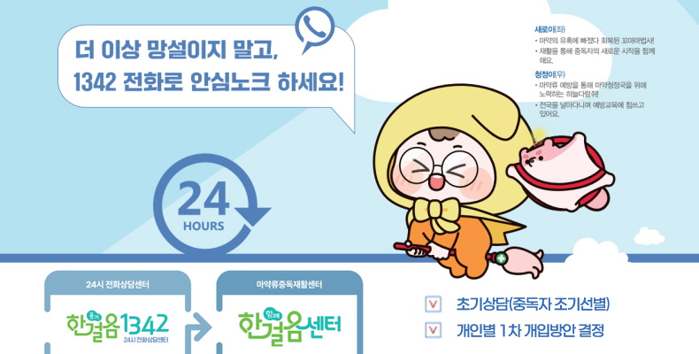 마약상담 함께한걸음센터 더이상 망설이지 말고, 1342 전화로 안심노크 하세요!
24hours

24시 전화상담센터 용기 한걸음1342(24시 전화상담센터) → 마약류중독재활센터 함께한걸음 센터
- 초기상담(중독자 조기선별)
- 개인별 1차 개입방안 결정