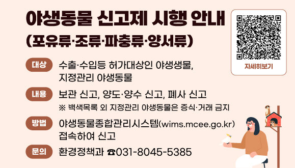 야생동물(포유류·조류·파충류·양서류) 신고제 시행 안내
○ 대상: 수출·수입 허가대상인 야생동물, 지정관리 야생동물
○ 내용: 보관 신고, 양도·양수 신고, 폐사 신고
○ 방법: 야생동물종합관리시스템(wims.mcee.go.kr) 접속하여 신고
○ 문의: 환경정책과(☎031-8045-5385)