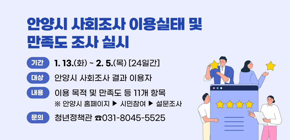 안양시 사회조사 이용실태 및 만족도 조사 실시
○ 기 간: 1. 13.(화) ~ 2. 5.(목) [24일간]
○ 대 상: 안양시 사회조사 결과 이용자
○ 내 용: 이용실태 및 만족도 등 11개 항목
○ 위 치: 안양시 홈페이지>시민참여>설문조사
○ 문 의: 안양시 청년정책관 인구정책팀(031-8045-5525)